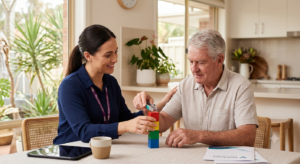 A Voyager Allied Health professional delivering personalized, home-based occupational therapy to an older adult in Australia.
